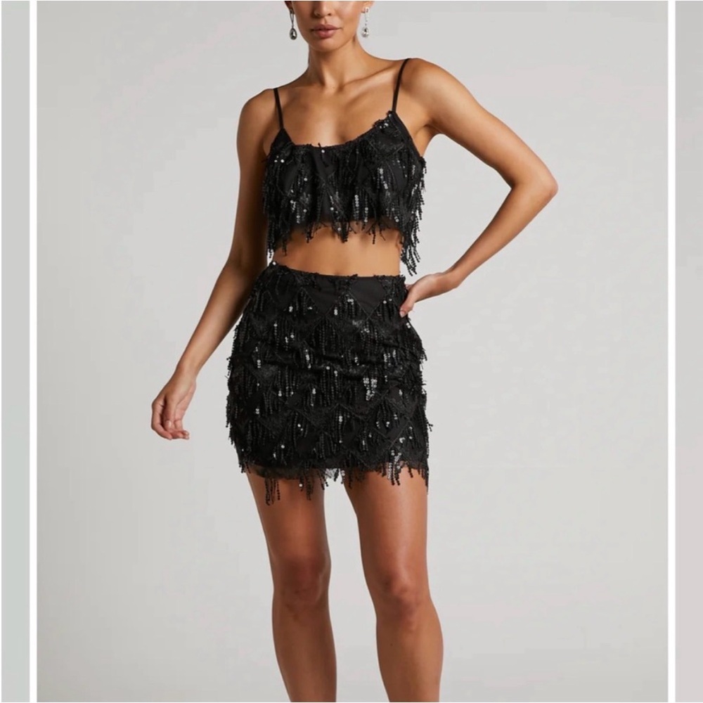 Showpo Karizza black pencil mini skirt + with fringe detail and sequins
